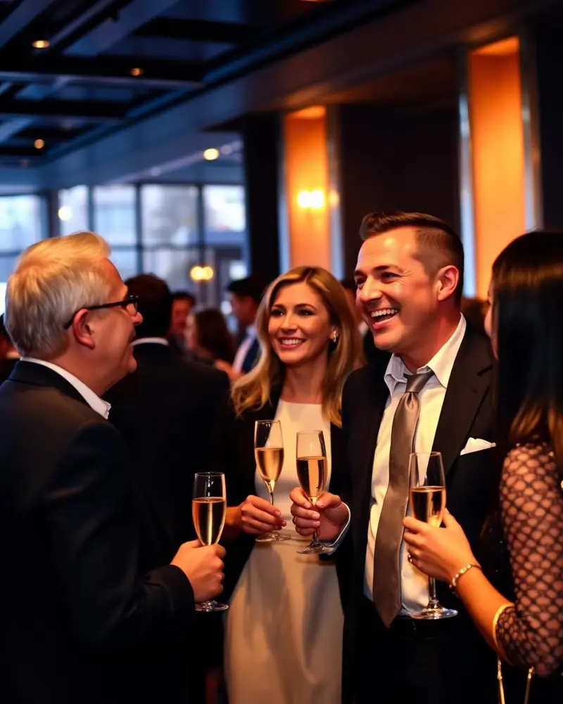Profissionais conversando em um evento corporativo elegante
